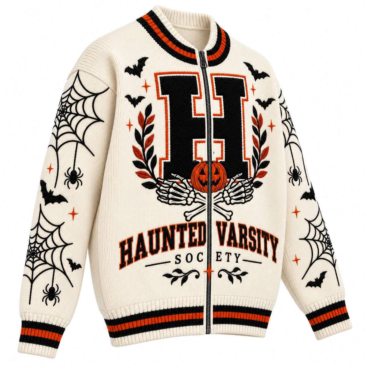 Three-quarter view of Haunted Varsity full-zip Halloween sweater