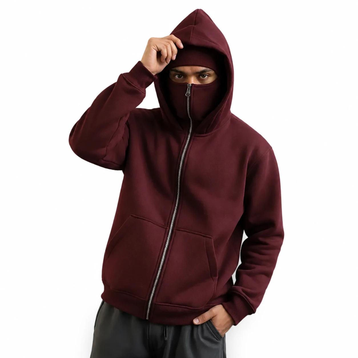 Men's Maroon Fleece Zip-Up Hoodie - Winter Essential - Maroon - view 1 | Charming Carry Pakistan