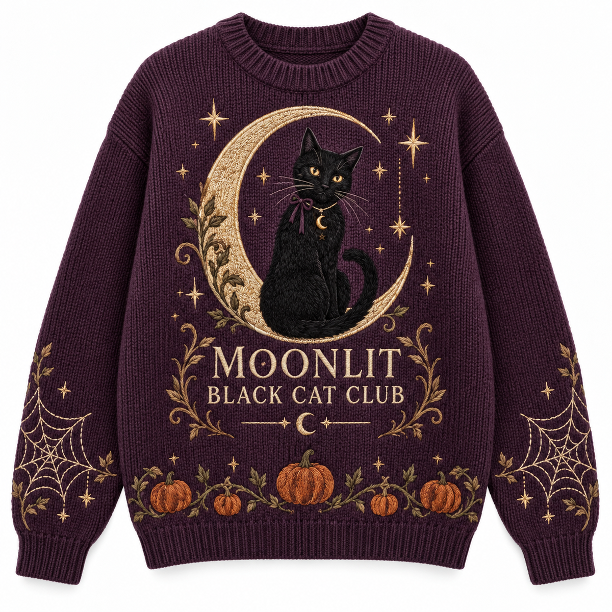 Moonlit Black Cat Club plum embroidered Halloween sweater