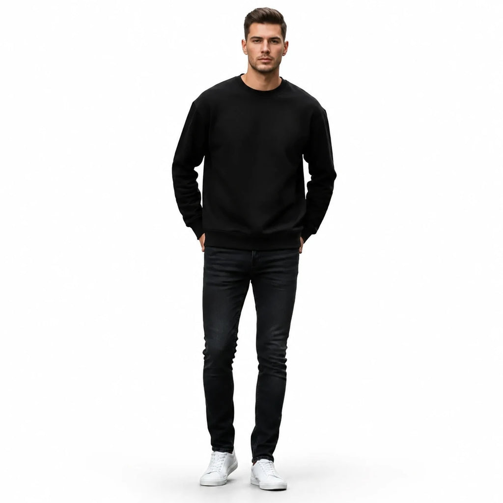 Men's Black Fleece Sweatshirt - Warm Winter Crewneck - Black - view 1 | Charming Carry Pakistan