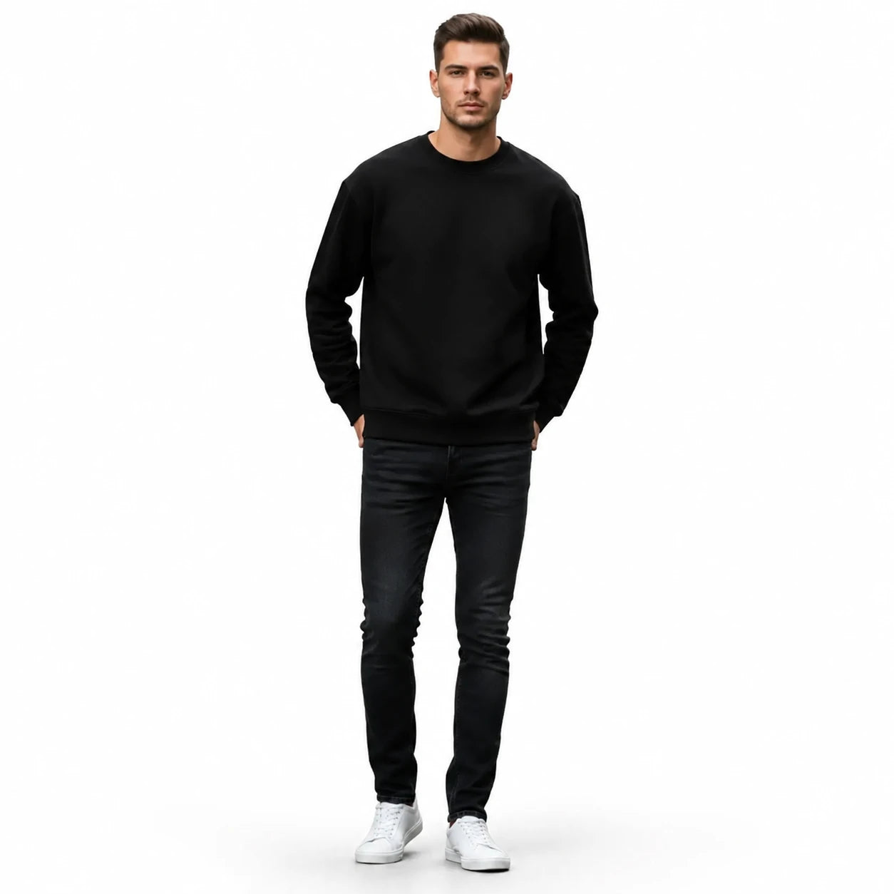 Men's Black Fleece Sweatshirt - Warm Winter Crewneck - Black - view 1 | Charming Carry Pakistan